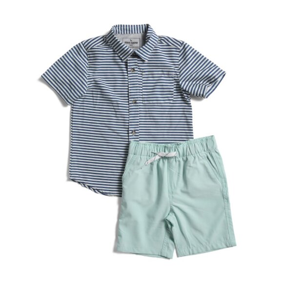 EDDIE BAUER Blue Boys 2pc Woven Shirt And Tech Shorts Set - Picture 1 of 2